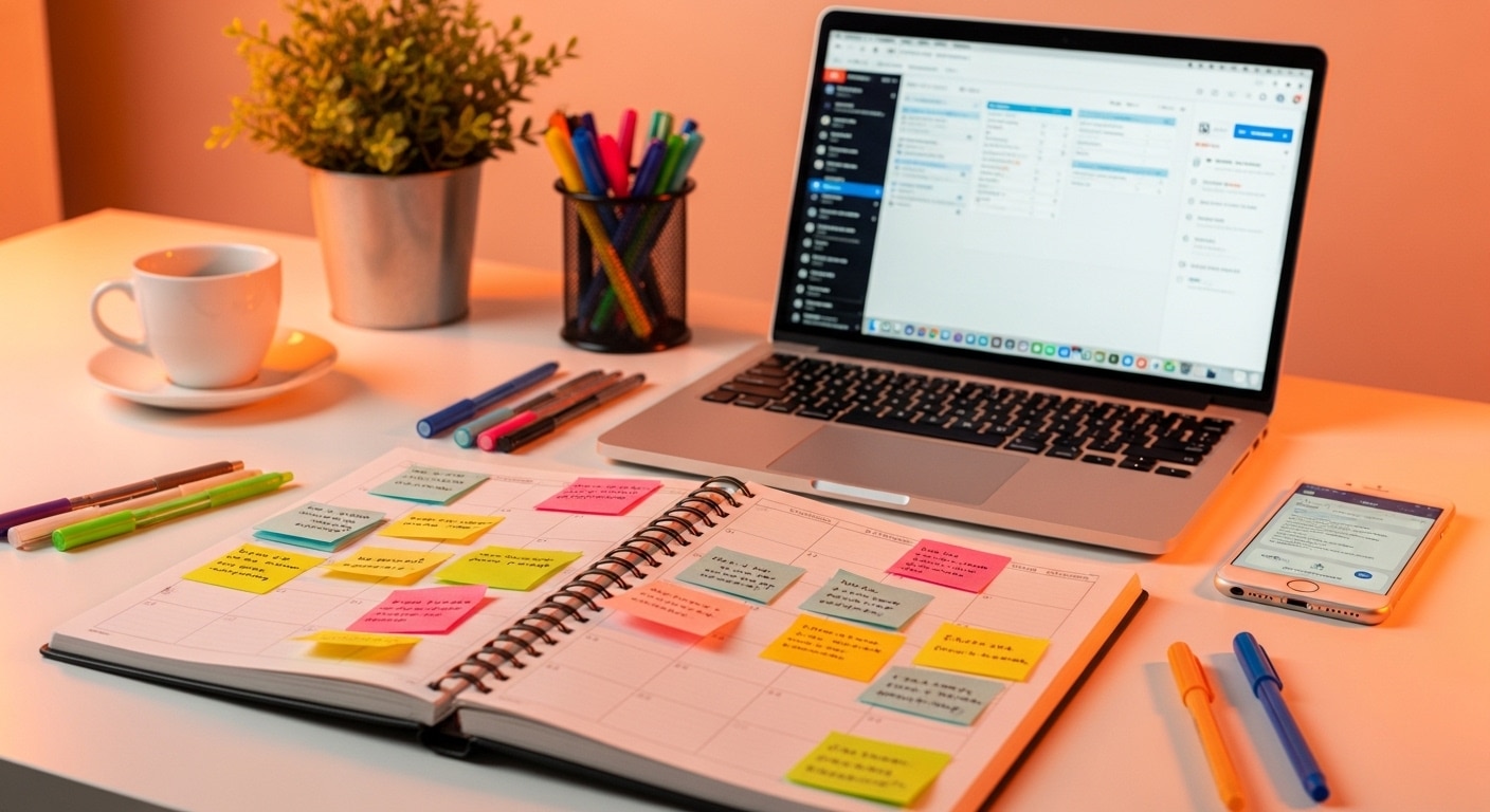 Social media content calendar template open on a laptop screen showing weekly content planning for SA businesses across Facebook, Instagram, and LinkedIn with content pillar columns and Rand-priced campaign tracking