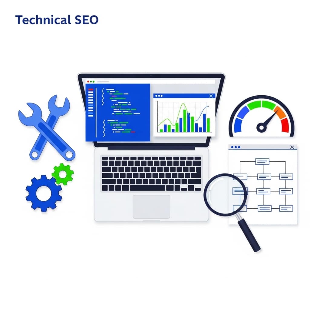 Technical SEO basics for small businesses showing website speed optimisation, crawlability, and structured data elements