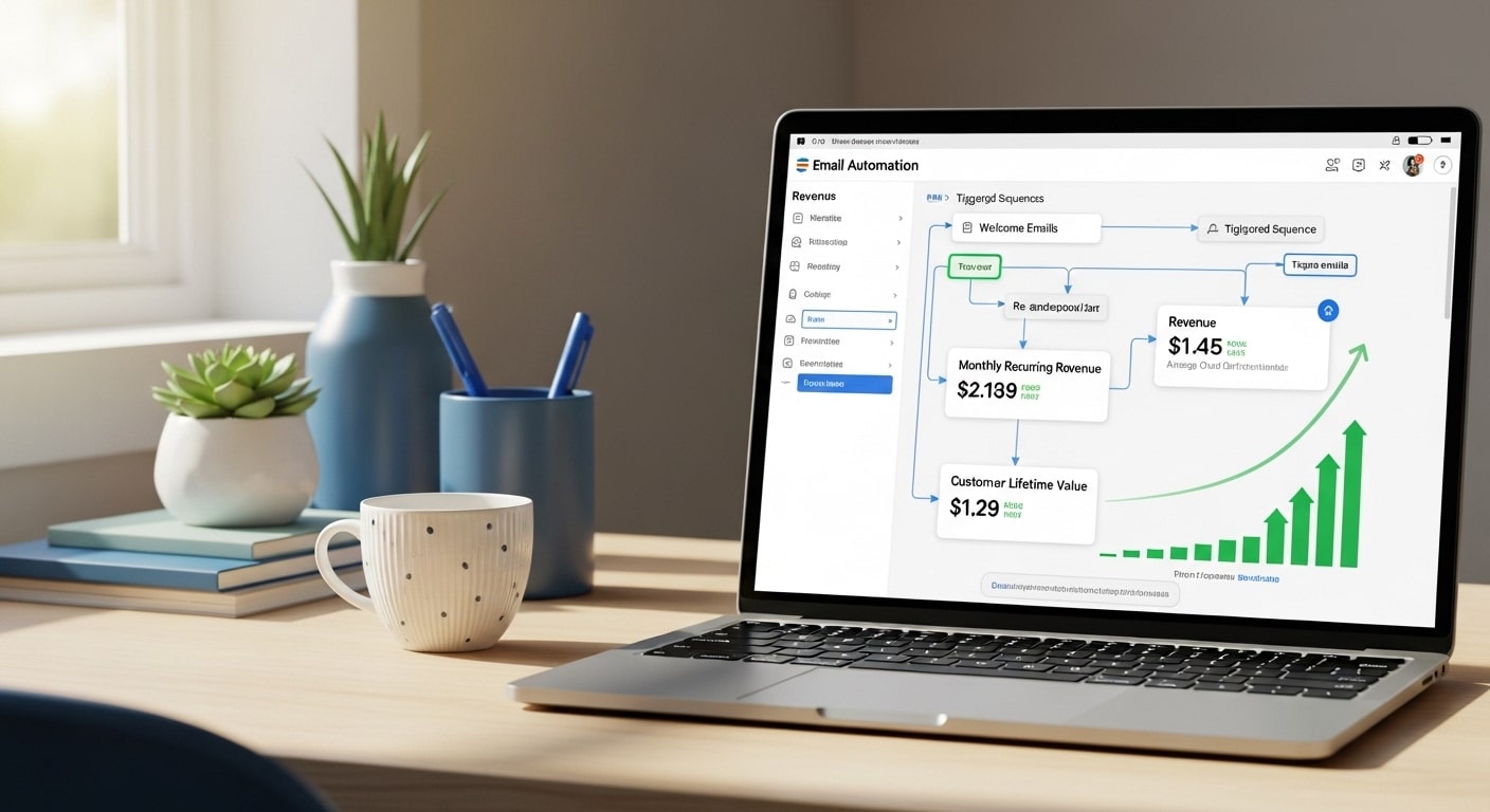 Automated email marketing South Africa — laptop showing email automation flow and revenue metrics for SA ecommerce store