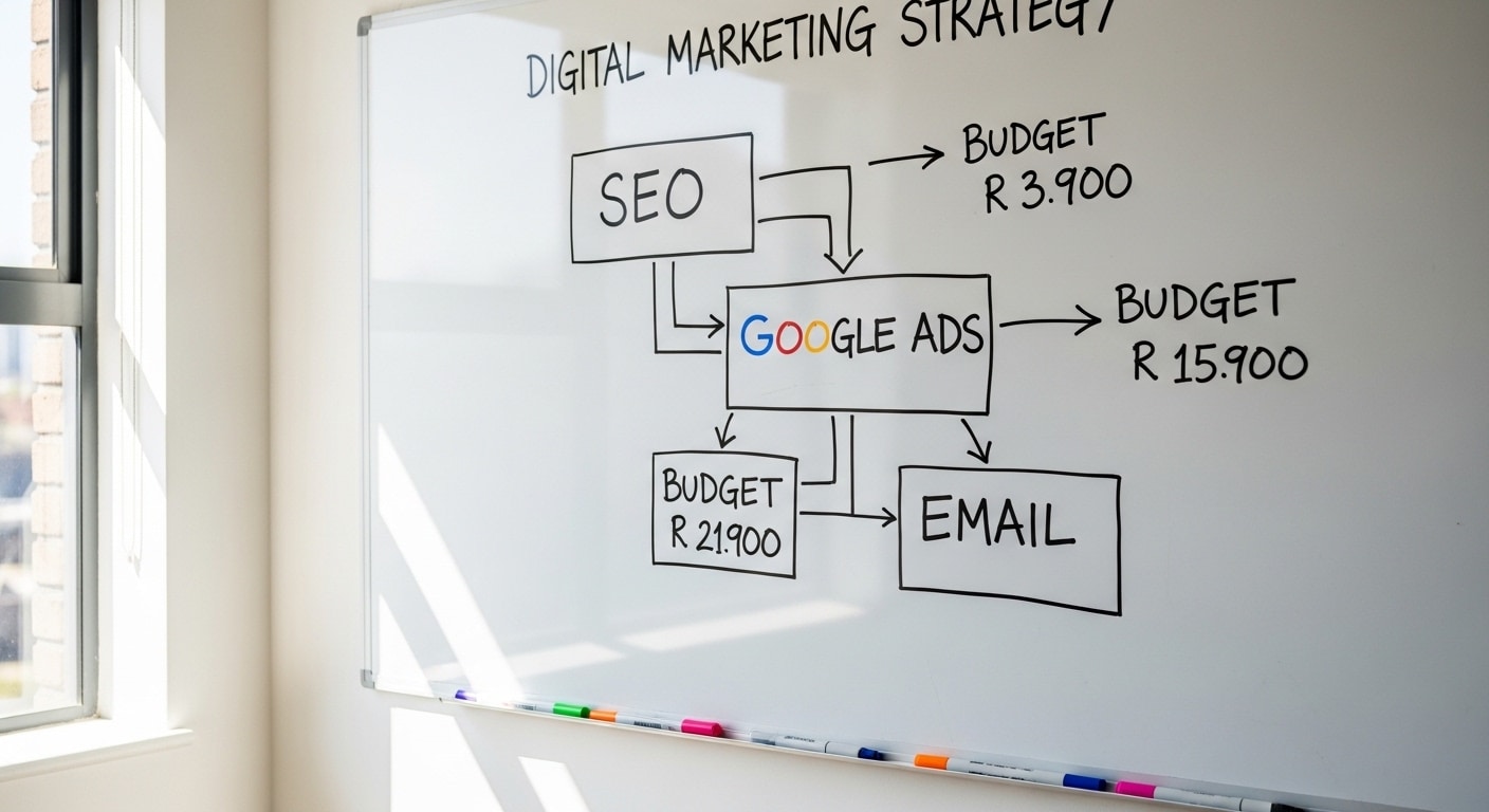 Digital marketing strategy South Africa — whiteboard with channel strategy flowchart showing SEO, Google Ads, and email marketing interconnected with arrows and budget allocations
