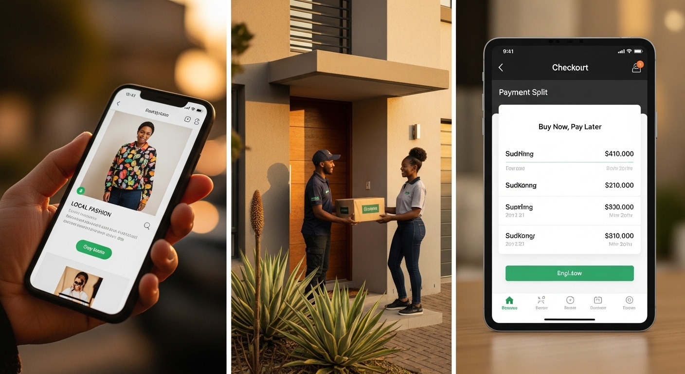 Ecommerce trends South Africa 2026 — collage showing mobile shopping on smartphone, delivery courier with parcels, and buy now pay later checkout screen