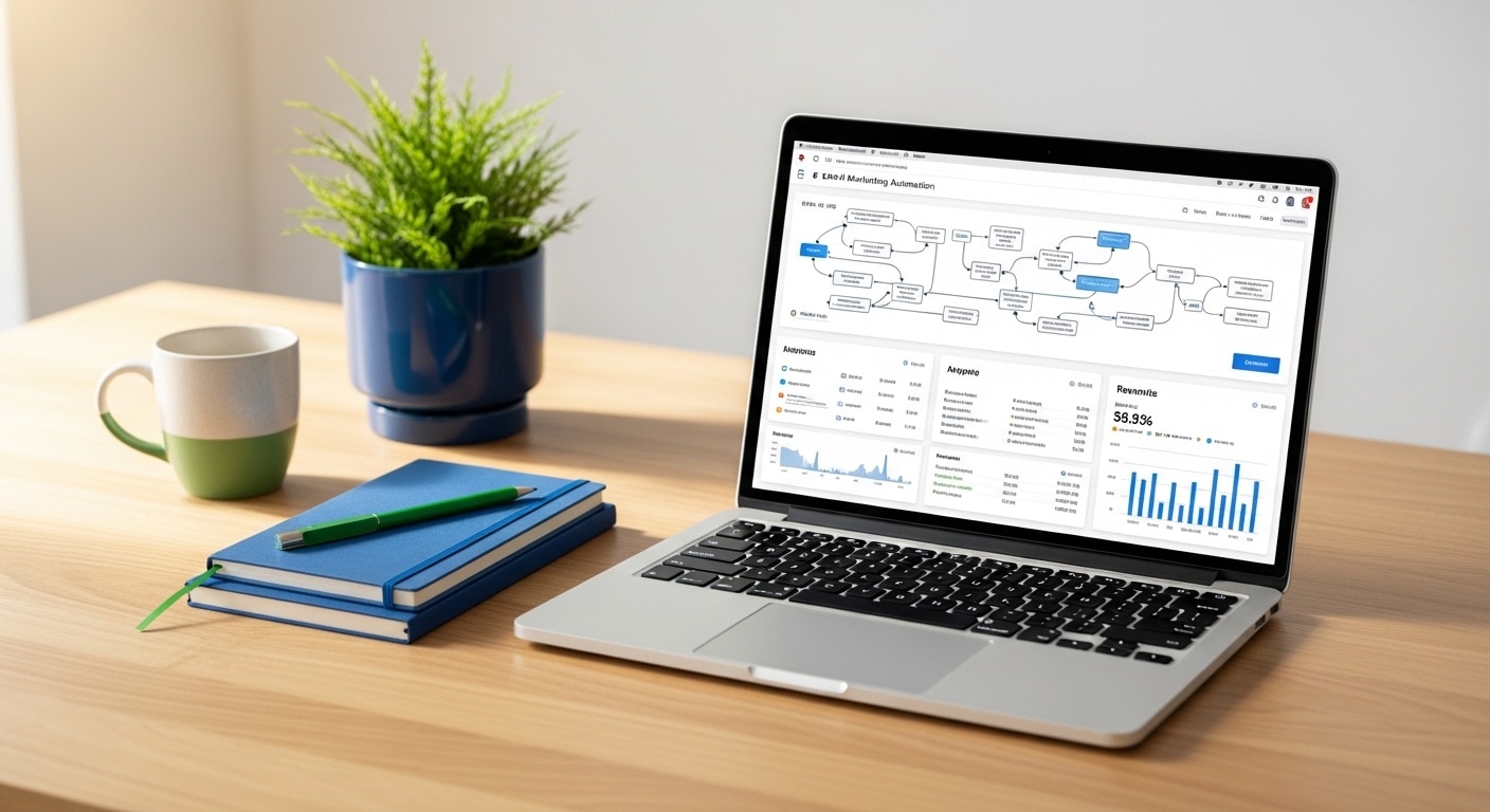 Email marketing agency South Africa — laptop showing Klaviyo email automation dashboard with blue and green accent items on modern desk