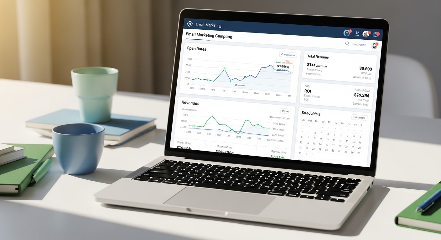 Email marketing strategy South Africa — laptop showing email campaign dashboard and strategy metrics for SA business