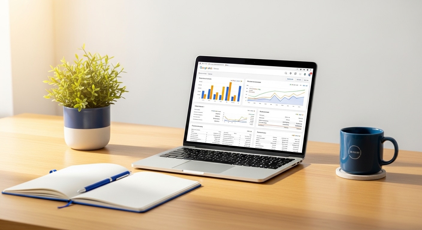Google Ads agency Johannesburg — laptop showing Google Ads dashboard with campaign performance metrics on modern desk with blue and green accent items