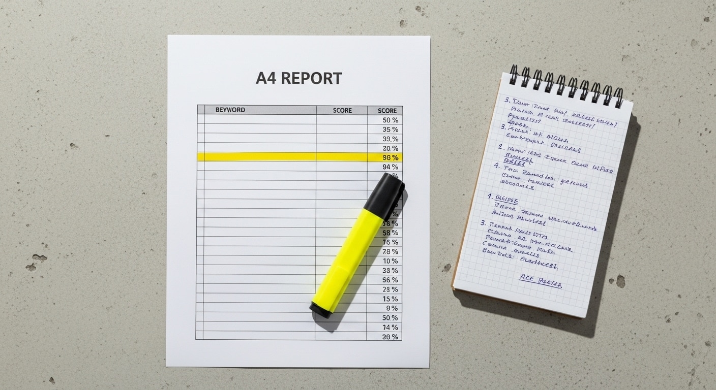 Google Ads Quality Score South Africa — printed keyword performance report with Quality Score columns highlighted on a desk