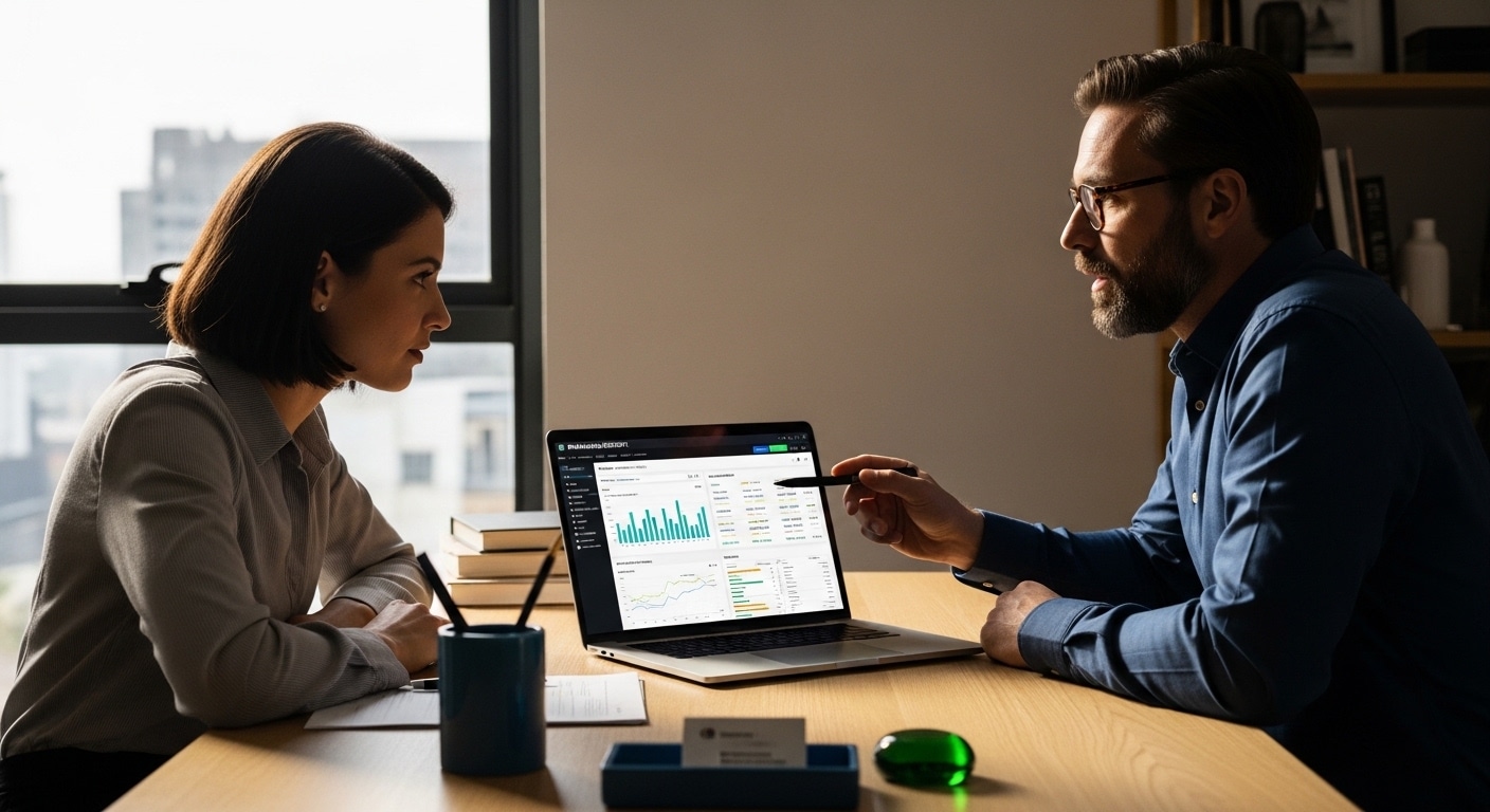 SEO company Johannesburg consultant reviewing keyword rankings on a laptop with a Google Search Console dashboard, Rand-priced SEO retainer comparison printout, and notes on local citation building for Johannesburg businesses