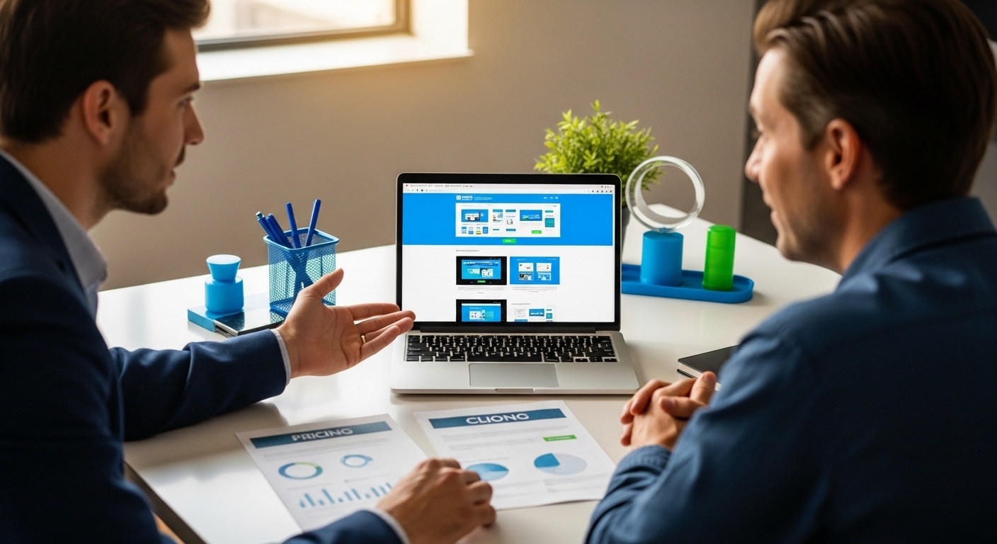 Web design pricing South Africa — web designer presenting website proposal and costs to SA business owner