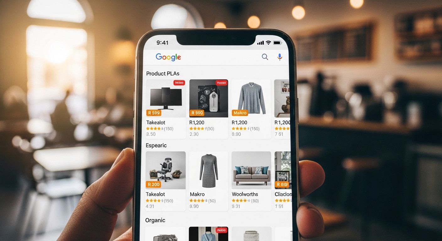 What is Google Shopping South Africa — Google search results page showing product listing ads with images prices and store names for South African products