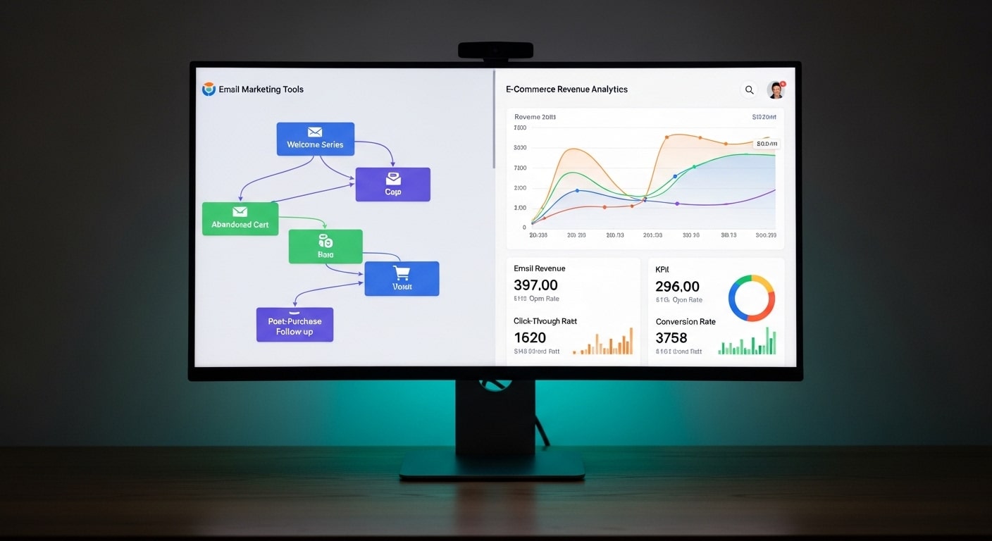 ActiveCampaign vs Klaviyo South Africa — split comparison showing email marketing automation workflow and ecommerce revenue dashboard on a large monitor