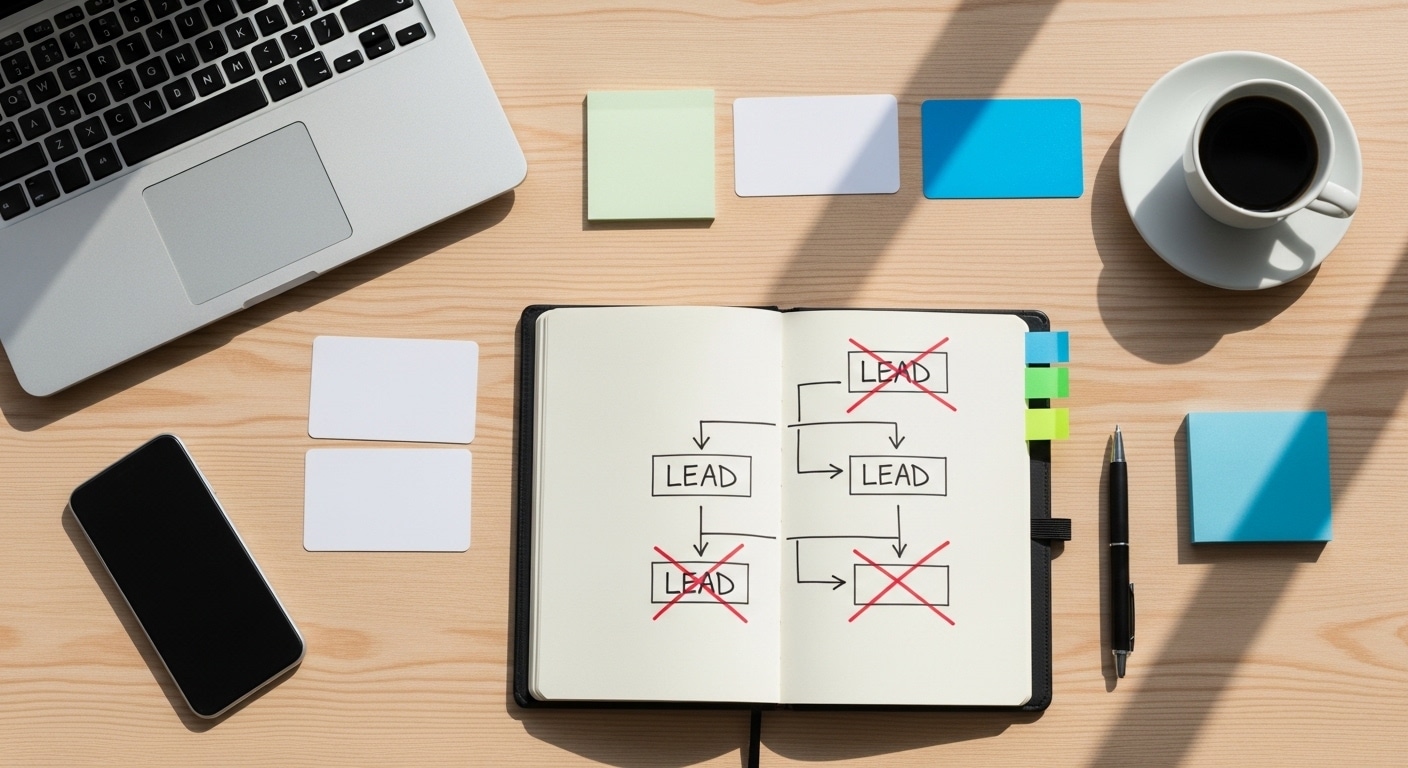 B2B lead generation mistakes shown in a flat-lay arrangement of crossed-out CRM dashboard sketches, scattered business cards, and a notebook with strategy errors marked in red