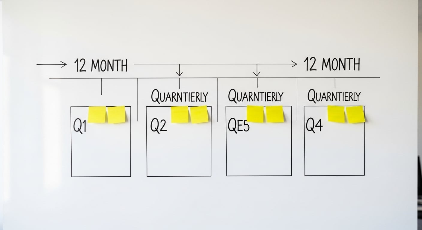 B2B lead generation strategy South Africa — a whiteboard showing a 12-month timeline with quarterly milestones and sticky notes