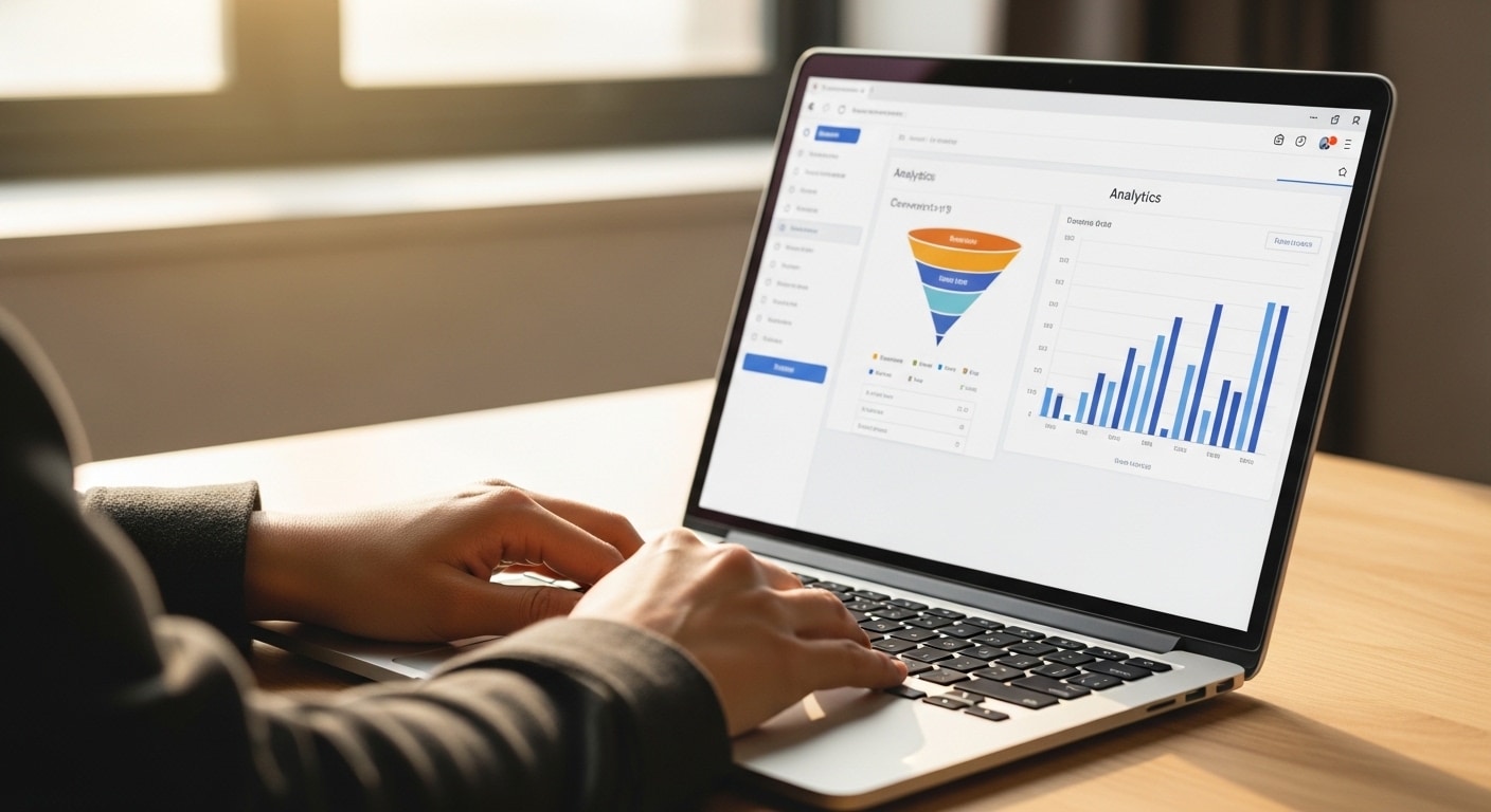 Cost of CRO South Africa — a person's hands on a laptop keyboard showing a generic analytics dashboard with conversion funnel data