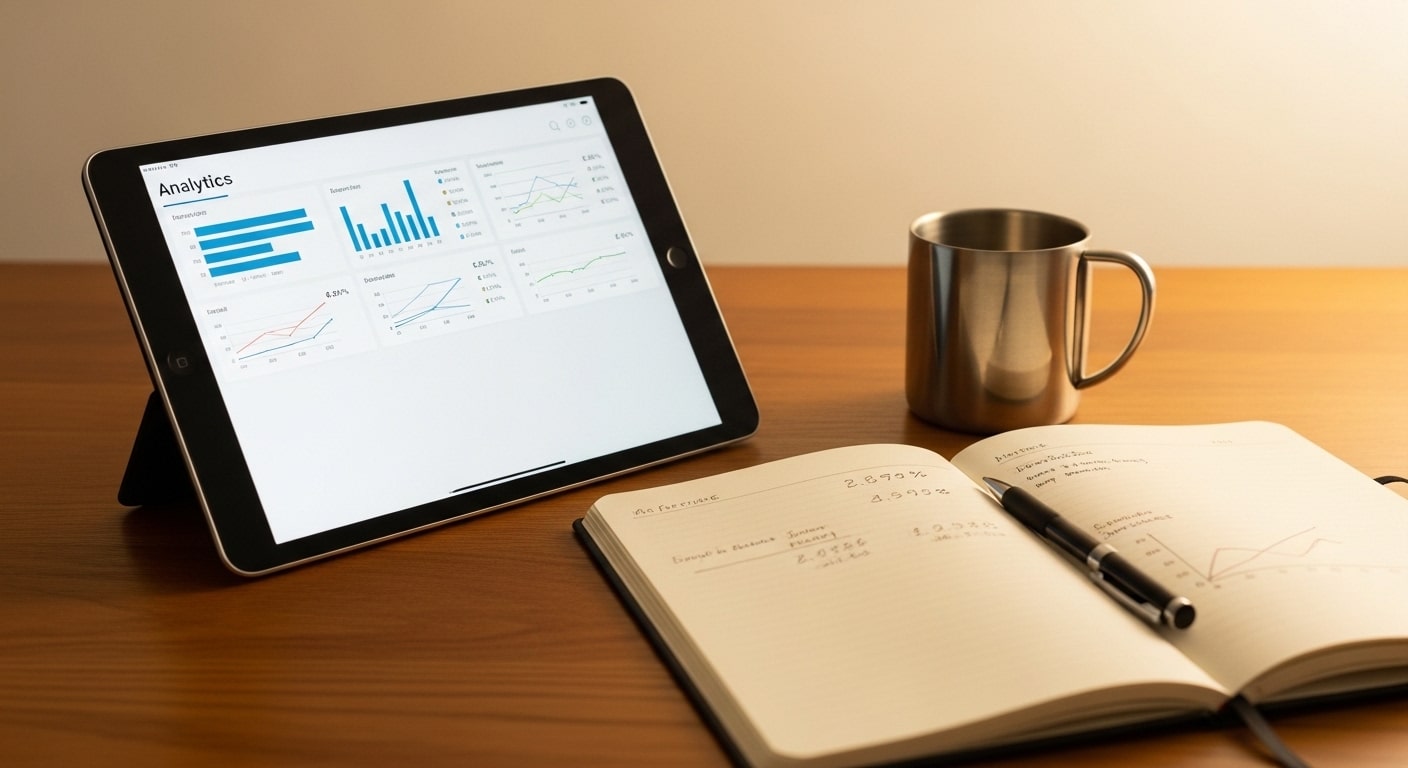 Digital marketing industry data South Africa — tablet showing analytics dashboard beside open notebook