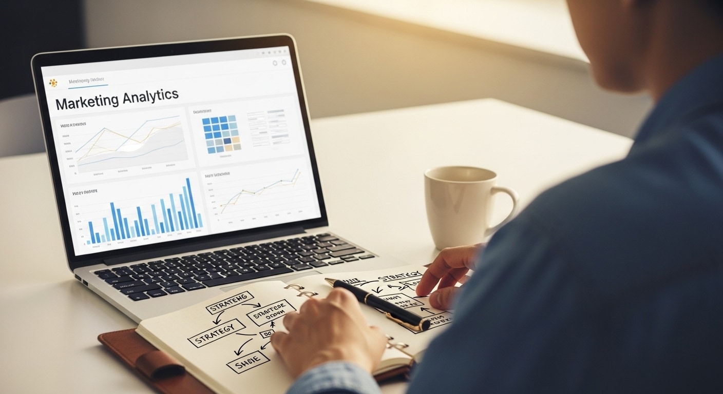 Digital strategy South Africa — over-the-shoulder view of strategist reviewing marketing dashboard on laptop
