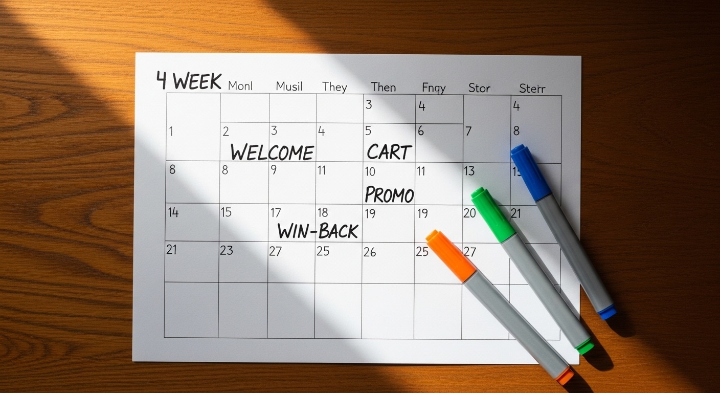 Ecommerce email marketing strategy South Africa — a handwritten email campaign calendar on grid paper with coloured markers beside it on a wooden desk