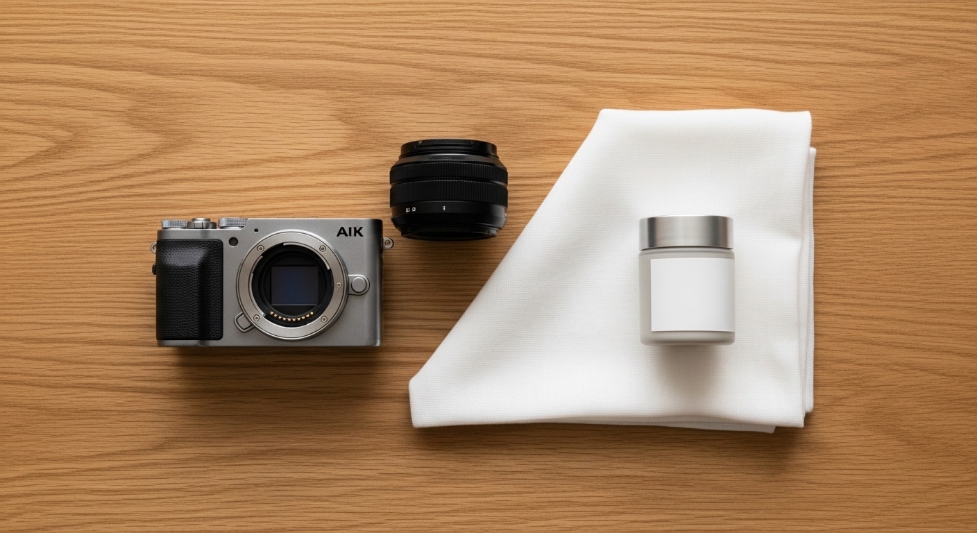 Ecommerce product photography South Africa — a flat-lay of a small mirrorless camera, a folded white fabric backdrop, and a single product jar arranged on a light wood surface