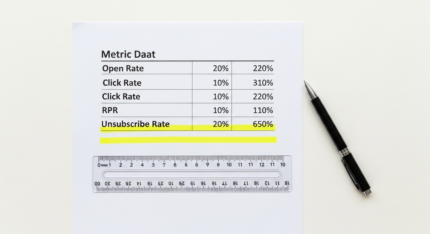 Email marketing benchmarks South Africa 2026 — a printed benchmark data sheet with highlighted percentages beside a ruler and pen on a clean white surface