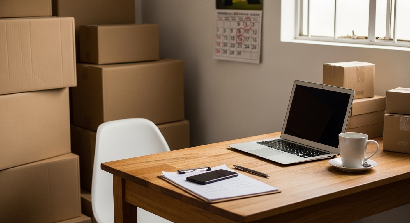 Expensive ecommerce mistakes shown in a small South African warehouse-office space with stacked unopened product boxes, a cluttered desk with a laptop showing a generic store dashboard, and a wall calendar with red circled dates indicating delays