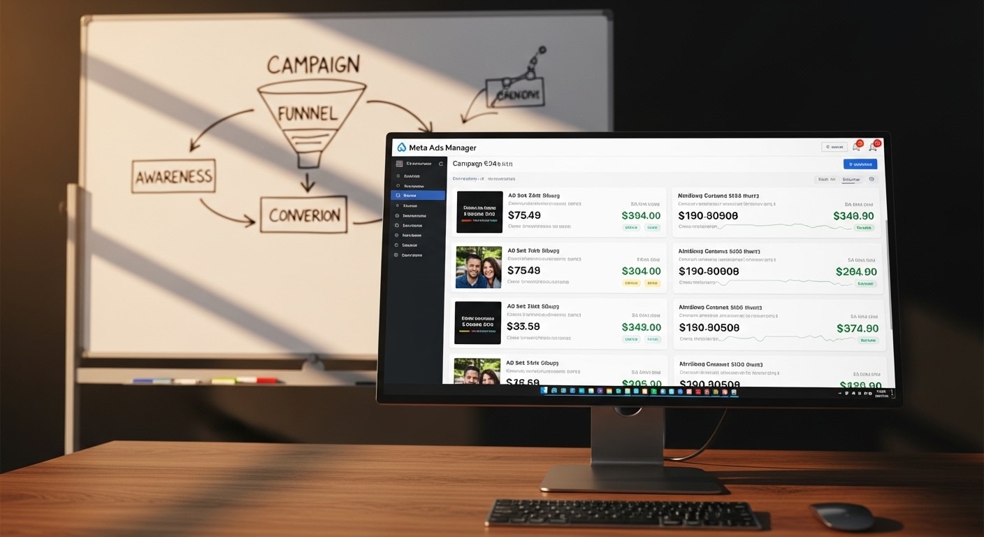 Facebook Ads strategy South Africa — strategy planning session with Meta Ads Manager open on monitor and campaign notes on whiteboard