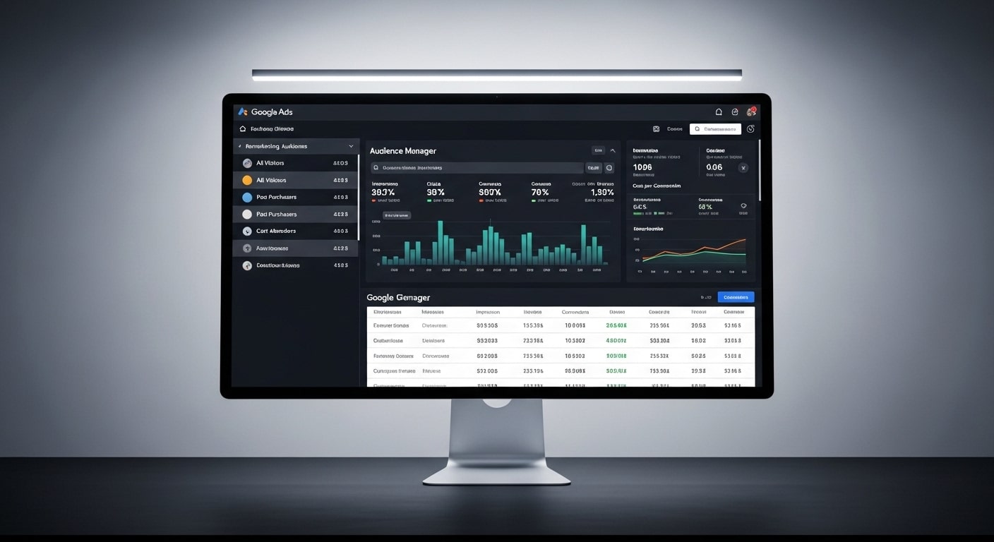 Google Ads remarketing South Africa — Google Ads audience manager showing remarketing lists and audience segment sizes on a large monitor
