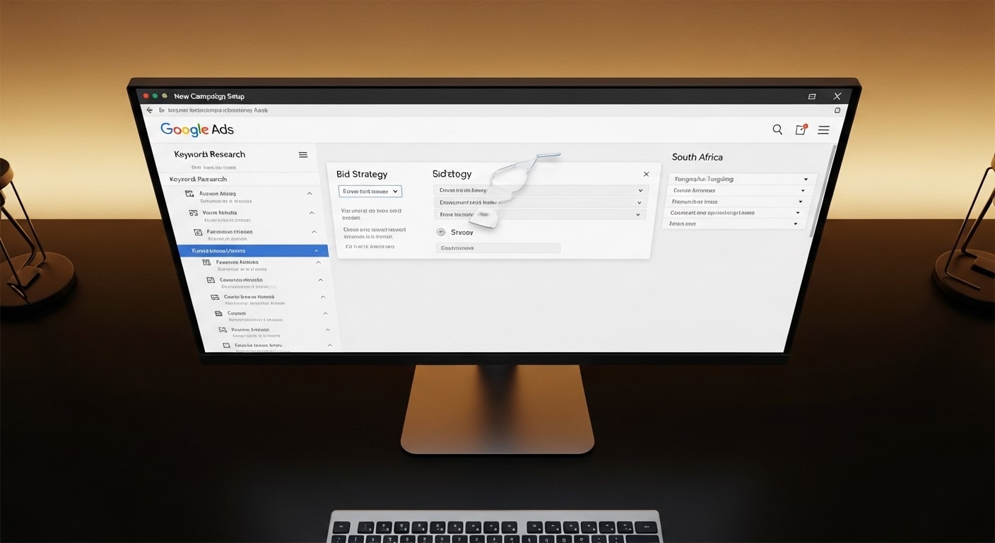 How to run Google Ads in South Africa — Google Ads campaign setup interface open on a large monitor showing keyword targeting and bid settings for a South African campaign