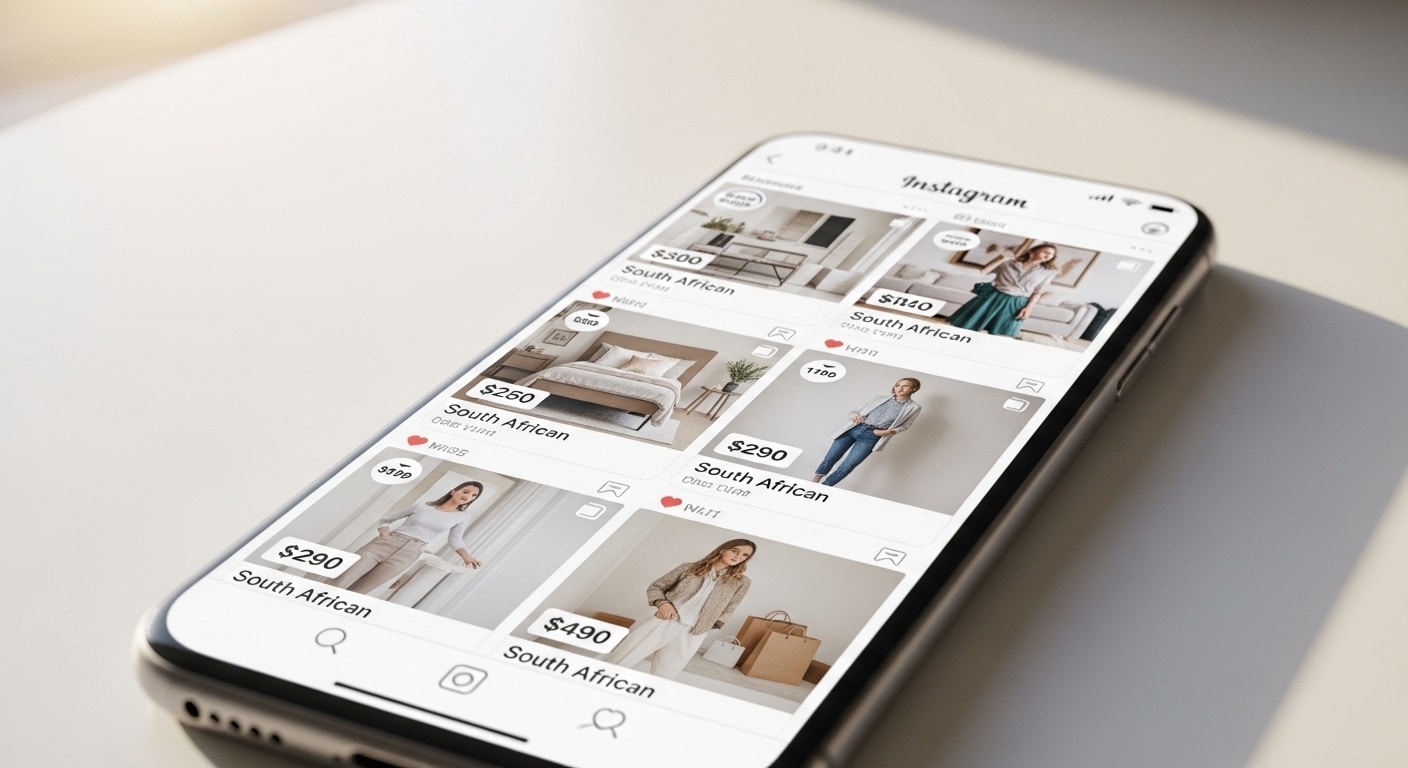 Instagram marketing for SA ecommerce — smartphone displaying an Instagram shop product feed for a South African lifestyle brand with shoppable tags visible