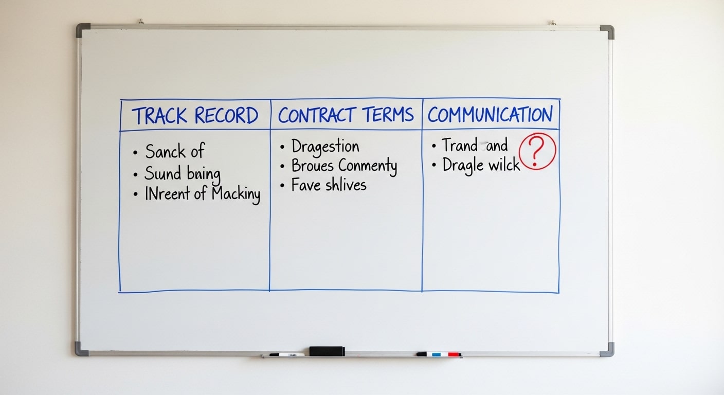 Marketing partner South Africa due diligence framework drawn on a whiteboard with three columns labelled Track Record, Contract Terms, and Communication Cadence with handwritten bullet points under each