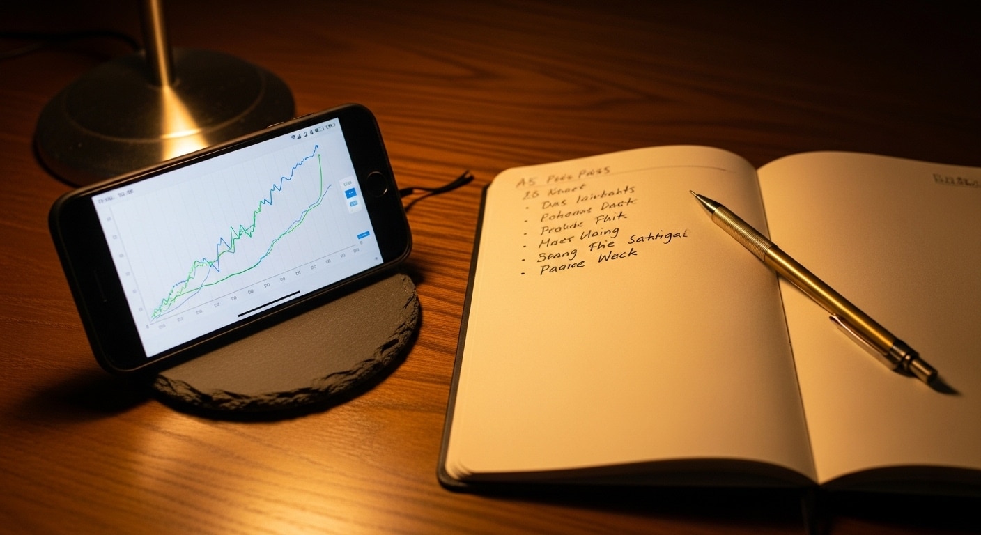 Organic traffic South Africa — smartphone showing a rising analytics graph propped beside an open notebook