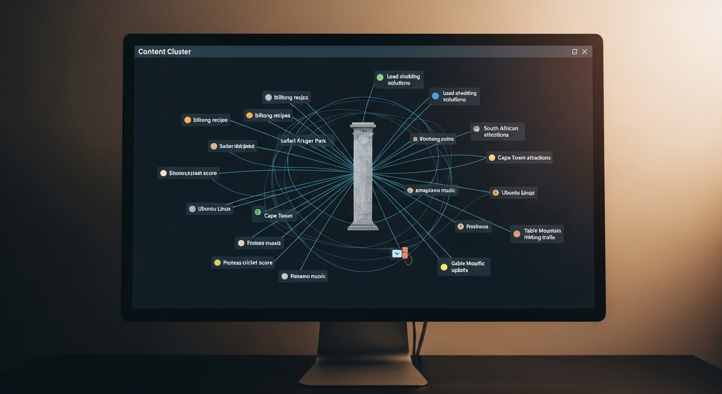SEO content strategy South Africa — content cluster diagram displayed on a large monitor showing interconnected blog posts and pillar pages for a South African website