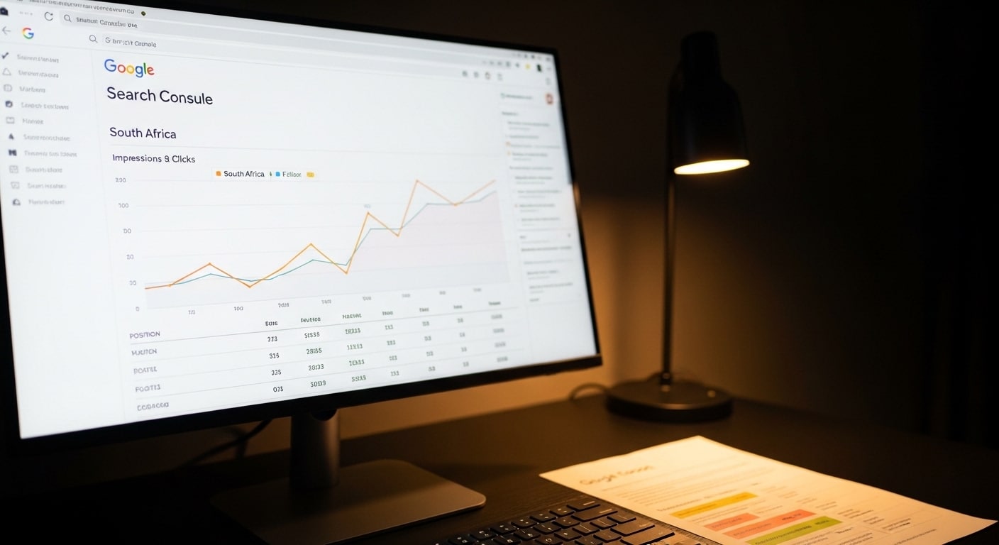 SEO statistics South Africa 2026 — Google Search Console dashboard showing South African organic search performance data on a widescreen monitor