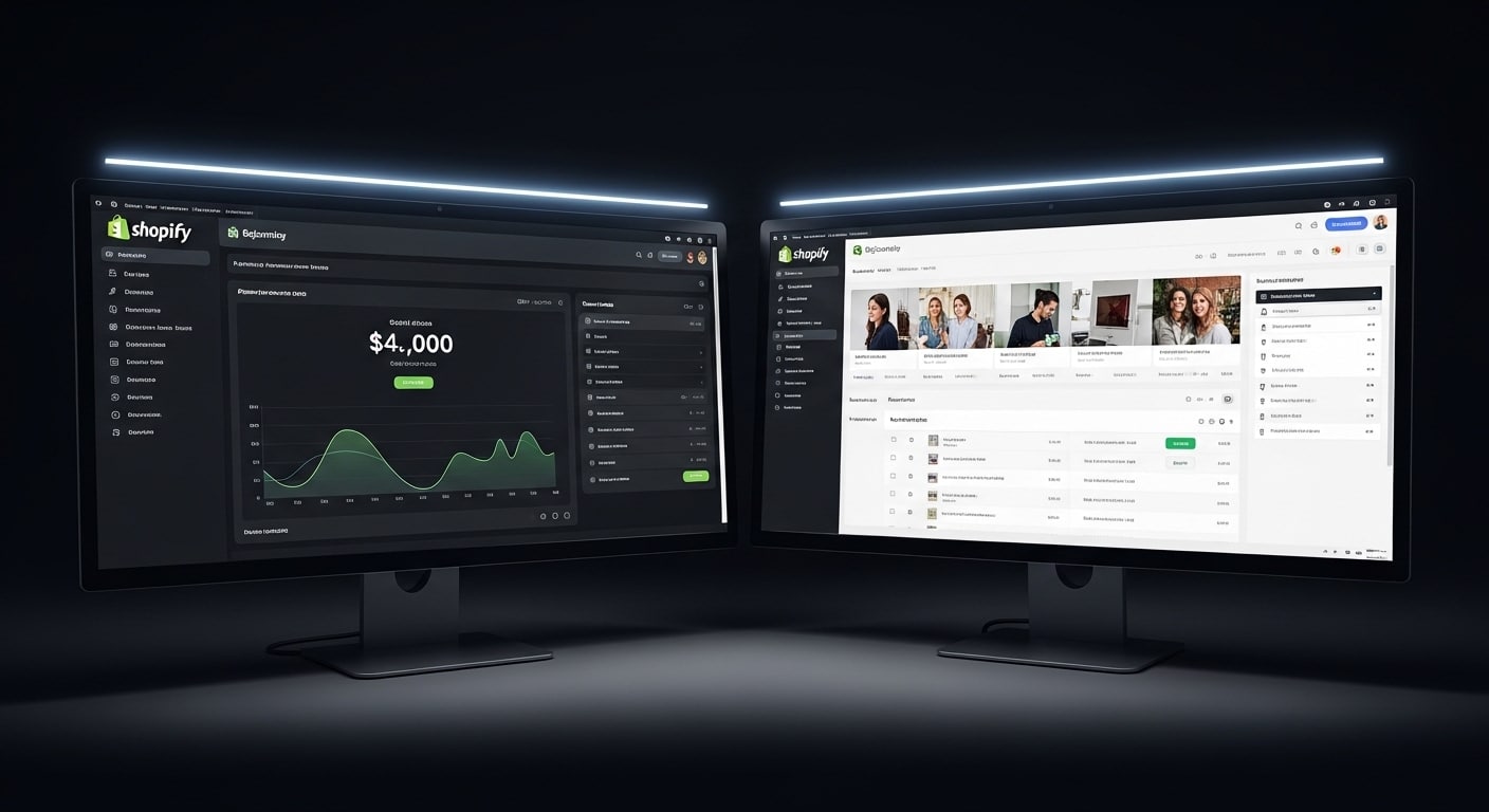 Shopify vs BigCommerce South Africa — split-screen showing Shopify admin dashboard on the left monitor and BigCommerce admin on the right for SA store comparison