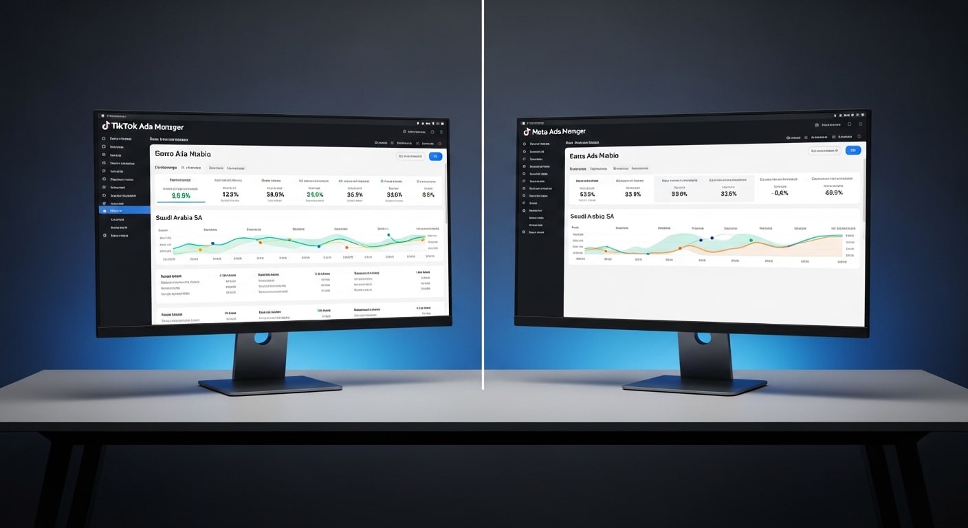 TikTok vs Facebook Ads South Africa — split-screen showing TikTok Ads Manager and Meta Ads Manager dashboards side by side on dual monitors