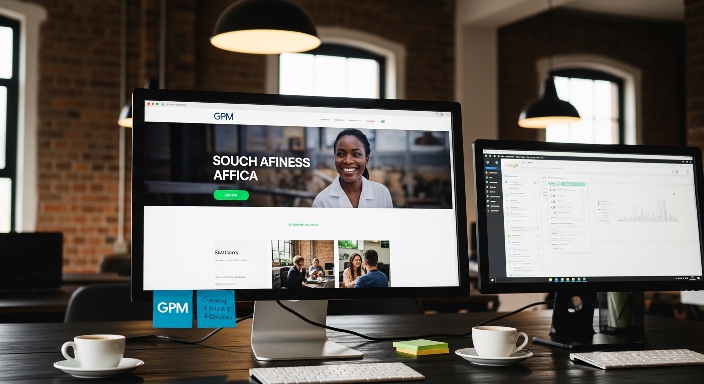 Web design agency Johannesburg — team reviewing a live website build on a large monitor in a modern Johannesburg studio
