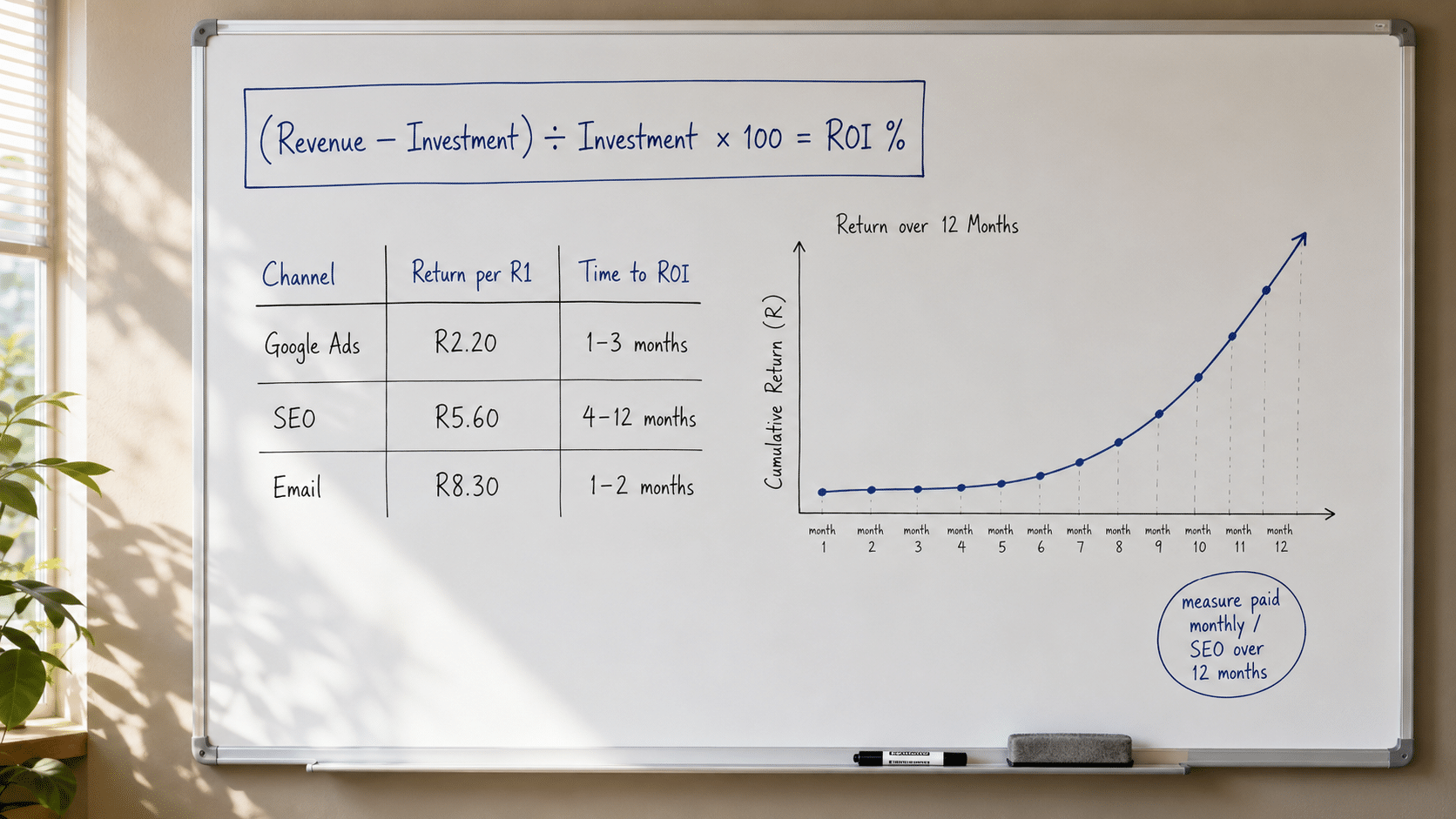 What is digital marketing roi in south africa explained on a whiteboard with the ROI formula, a channel comparison table showing Google Ads SEO and email returns in Rand, and a hand-drawn growth curve