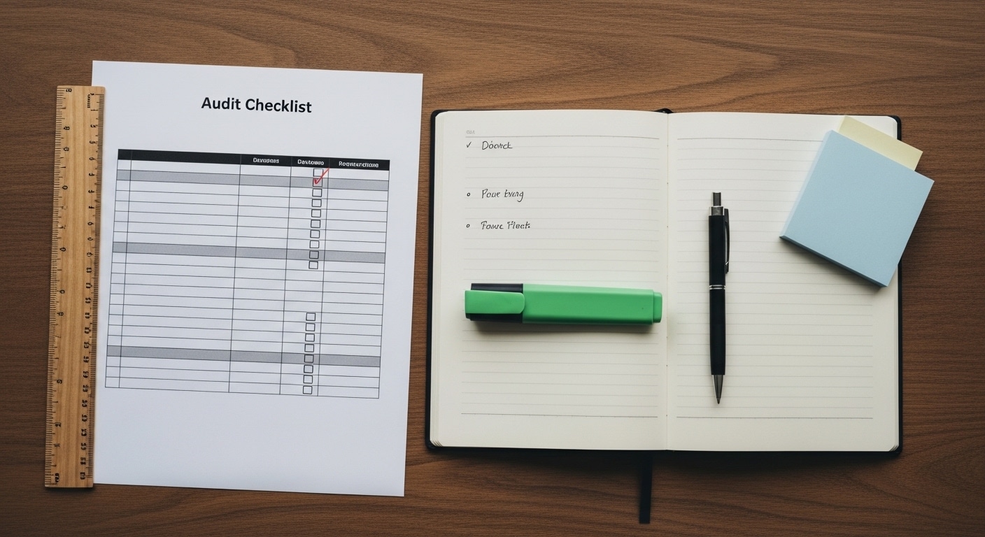 WhatsApp marketing audit South Africa — printed audit checklist, notebook, highlighter, and ruler flat-lay on a wooden desk