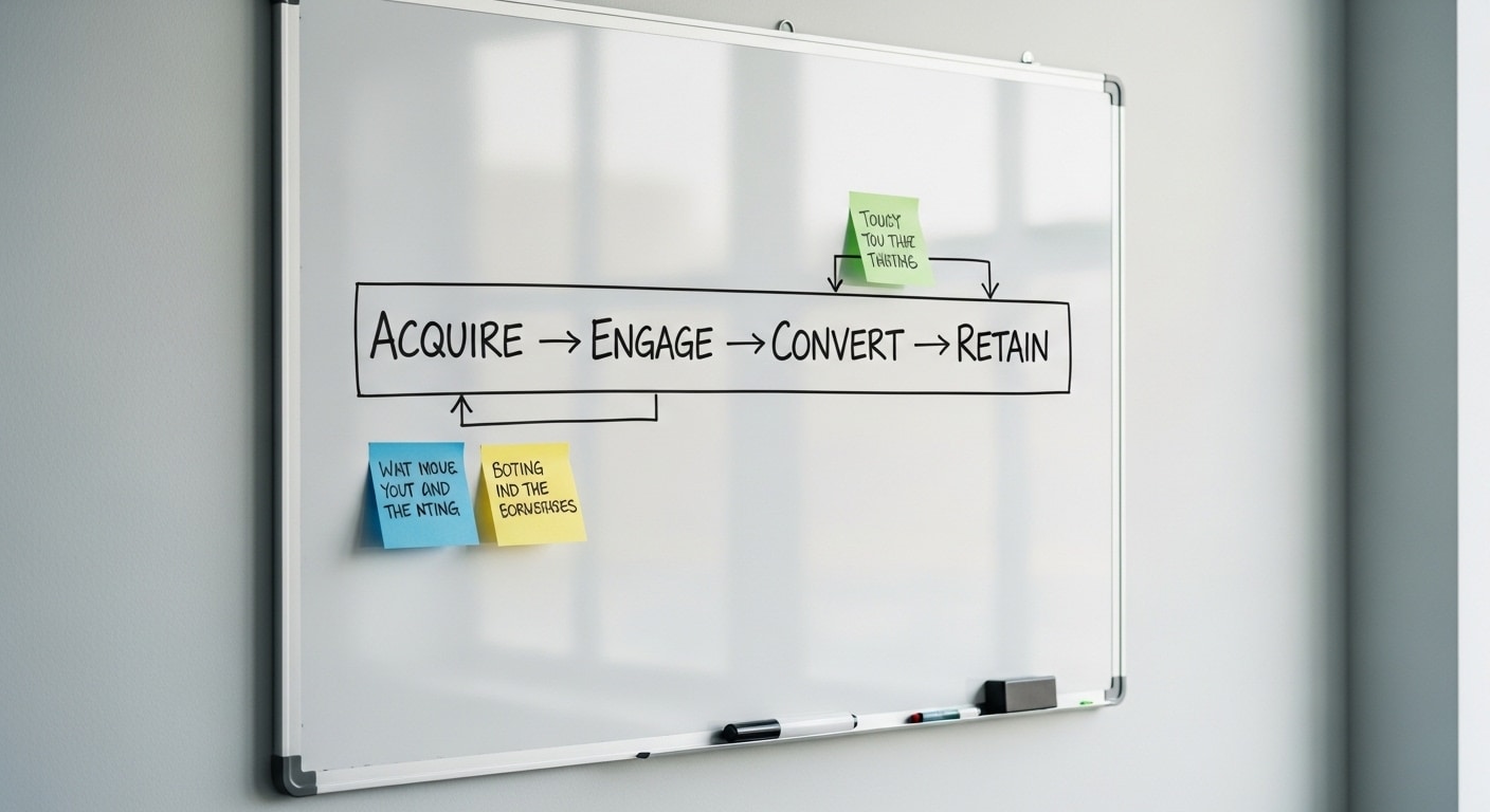 WhatsApp marketing strategy South Africa — whiteboard with hand-drawn flow diagram, sticky notes, and stages of a customer conversation funnel