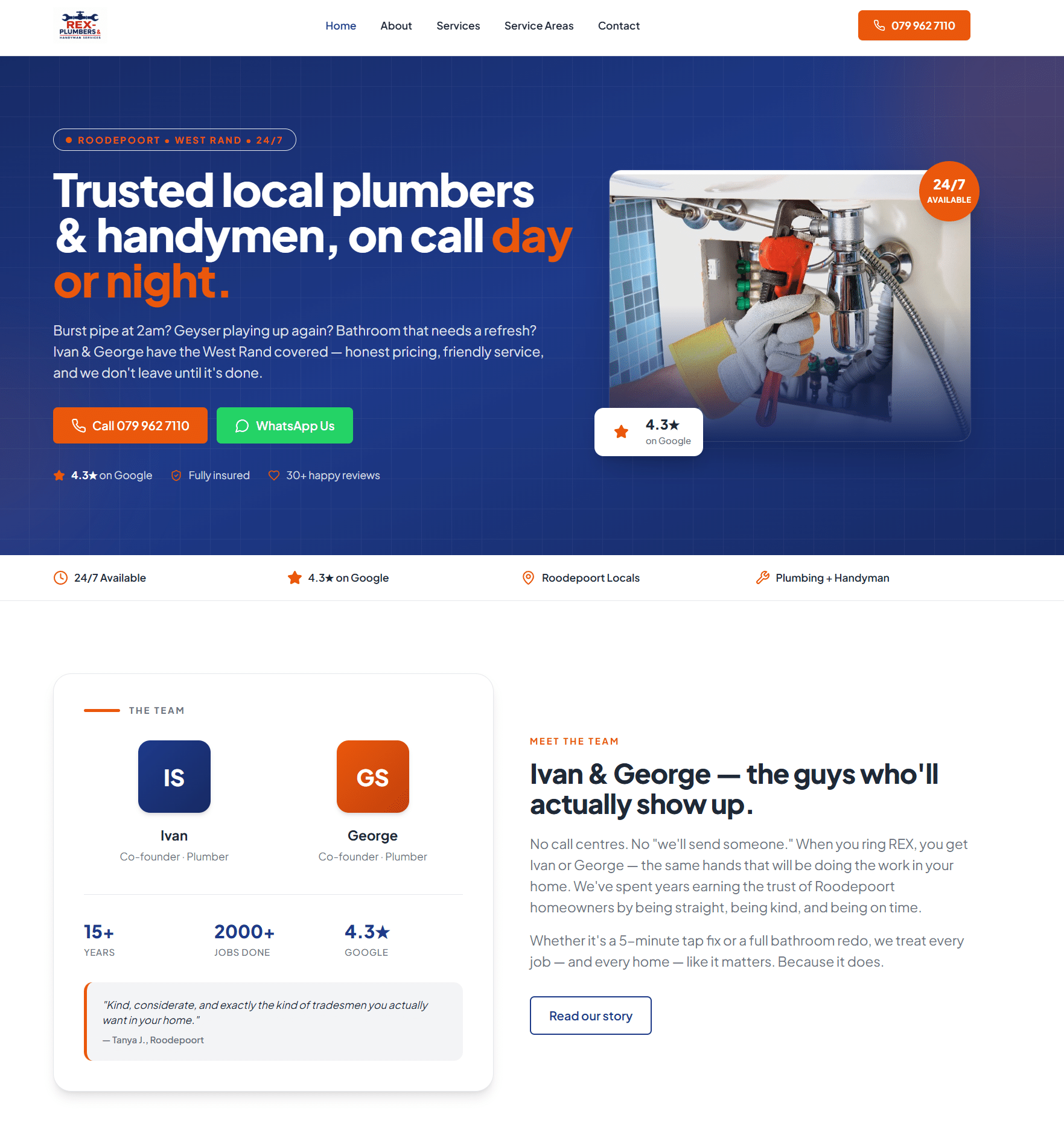 REX Plumbers website homepage — emergency plumbing services Roodepoort