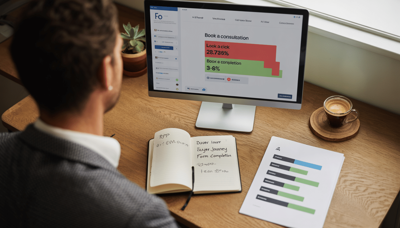 CRO for professional services — over-the-shoulder view of partner reviewing law firm website analytics with consultation form heatmap and client journey diagram