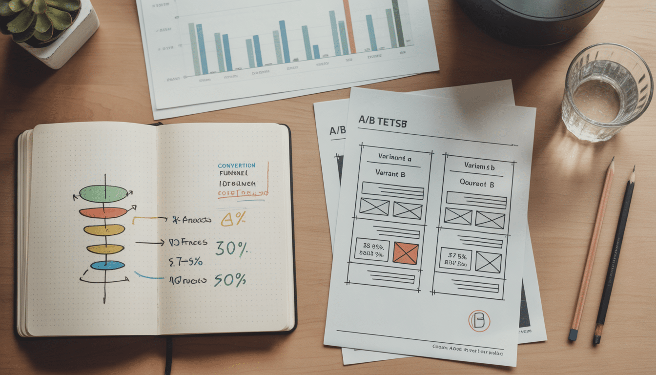 CRO for solar — flat-lay desk with conversion funnel notebook, A/B test wireframes, and energy consumption data sheet