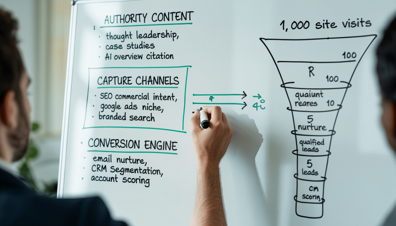 Digital strategy for professional services — whiteboard sketch showing channel hierarchy with content marketing at top, SEO and Google Ads in middle layer, and email/CRM at base, with hand drawing connection lines between layers