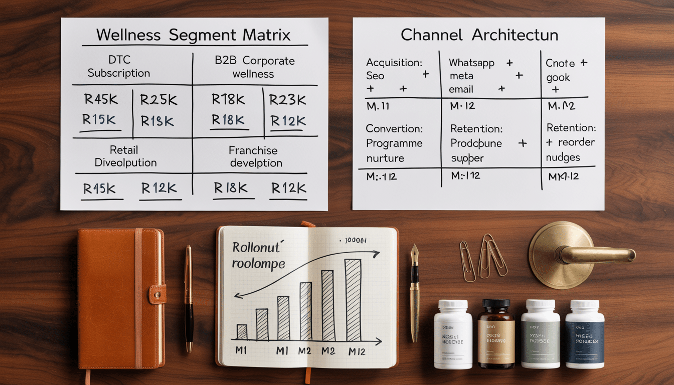 Digital strategy for wellness shown on a whiteboard with multi-segment revenue plan for DTC, B2B, retail, and franchise wellness brands in South Africa