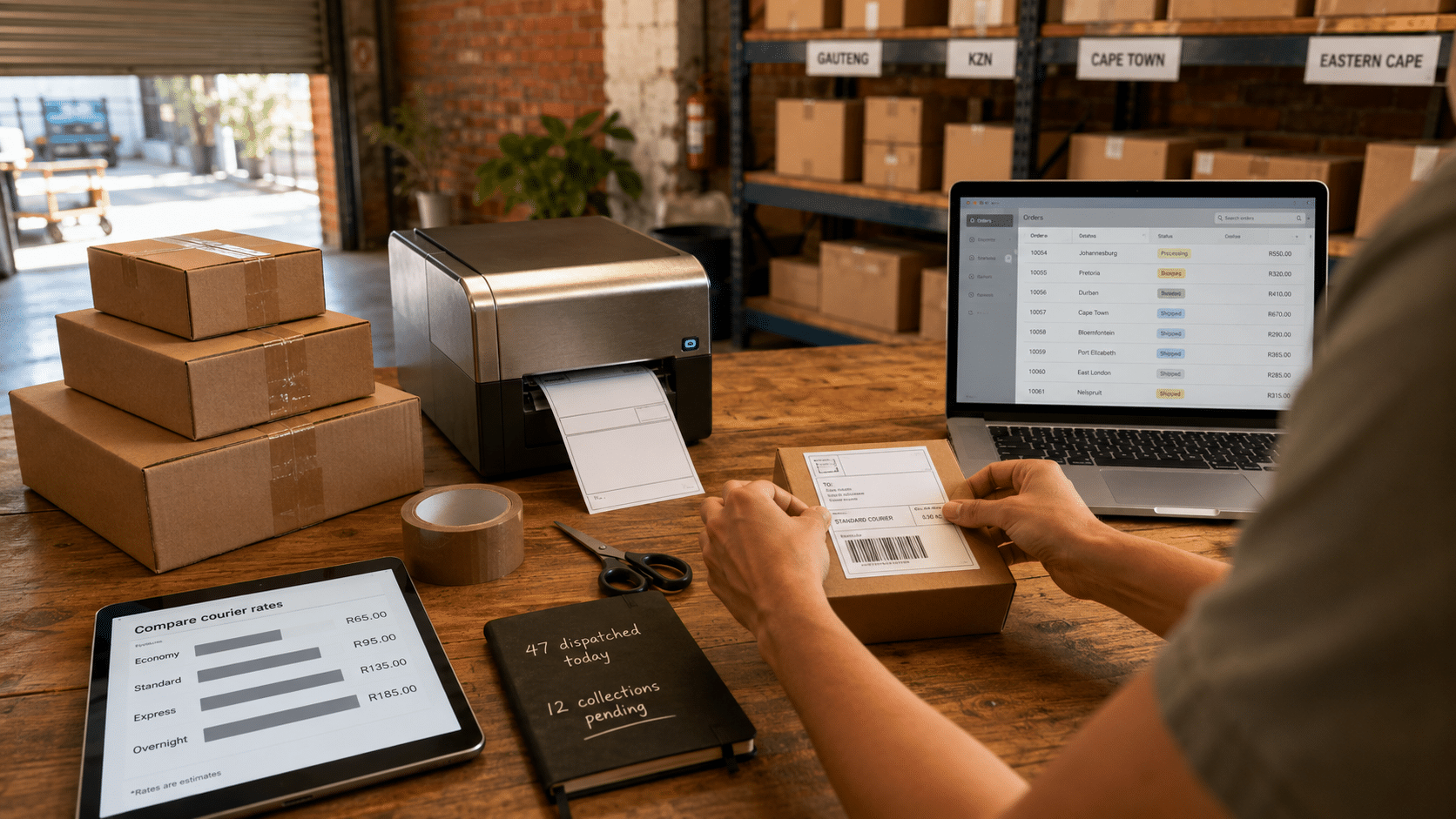 Ecommerce fulfilment south africa packing station with hands applying generic shipping labels to brown corrugated parcels of varying sizes, a thermal label printer in operation, and a tablet showing a courier rate comparison layout in editorial perspective