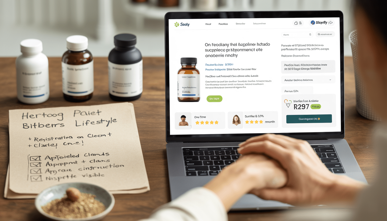 Ecommerce marketing for wellness South Africa — over-the-shoulder view of laptop screen displaying supplement brand product page with subscription options visible alongside printed product photography and SAHPRA compliance checklist