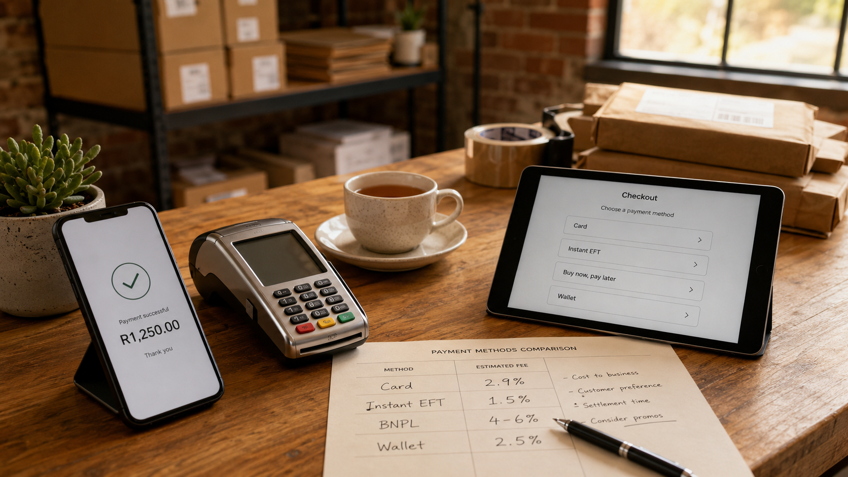 Ecommerce payment methods south africa checkout environment with a smartphone showing a generic mobile payment confirmation screen, a card machine on a counter, printed payment method comparison sheet with Rand-priced transaction fee annotations, and a tablet displaying a checkout page mockup in a small SA retail setting