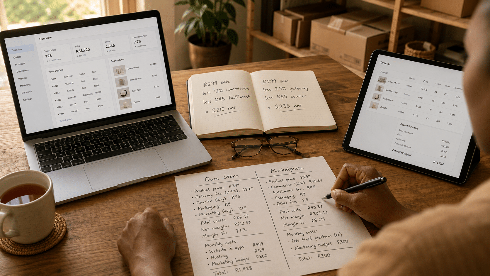 Ecommerce vs marketplace south africa decision comparison with hands at a desk weighing a printed two-column sheet headed own store and marketplace, a laptop showing a generic store dashboard, a tablet showing a generic marketplace seller portal layout, and handwritten Rand margin calculations in a notebook