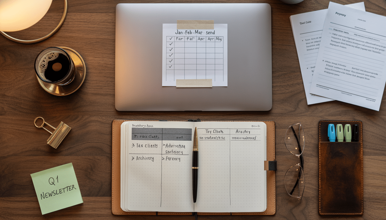 Professional services email marketing — flat-lay desk with email campaign dashboard, segmentation notes, and accounting tax calendar