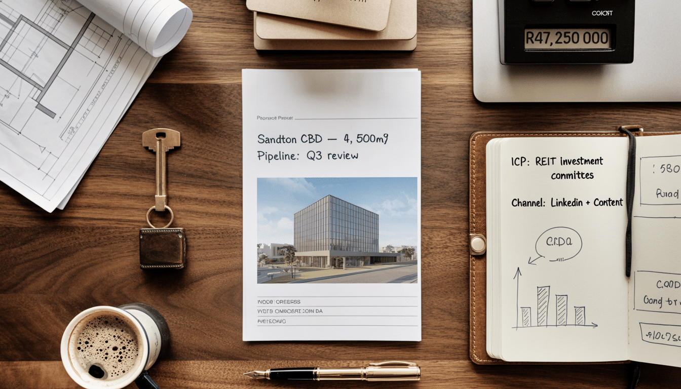 Real estate lead generation South Africa — flat-lay desk view with property listings printout, calculator, brass key, leather notebook with pipeline notes, and architect's blueprint corner visible
