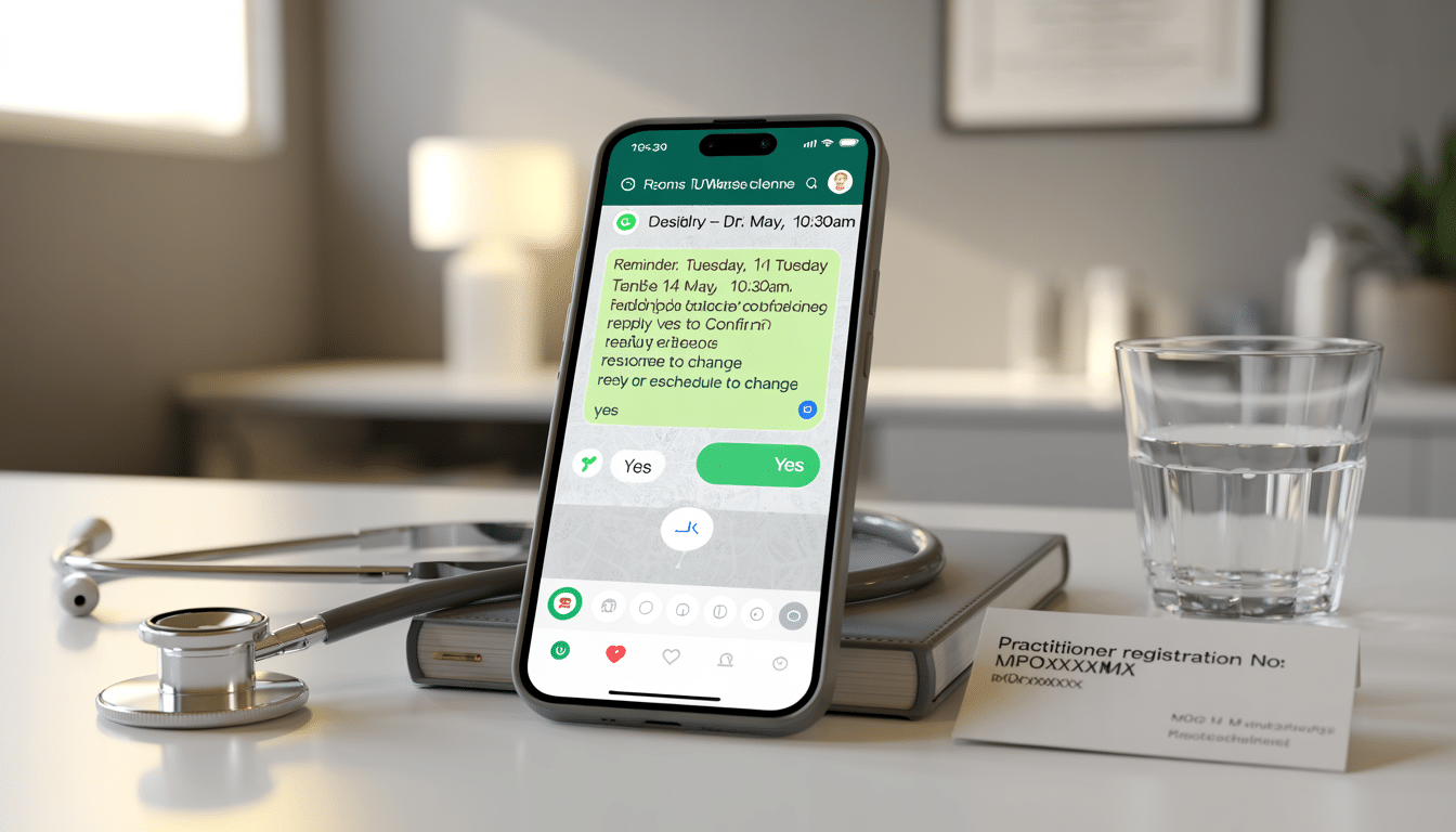 WhatsApp marketing for healthcare South Africa — smartphone displaying patient appointment reminder chat next to stethoscope and HPCSA practitioner registration card on clinical desk