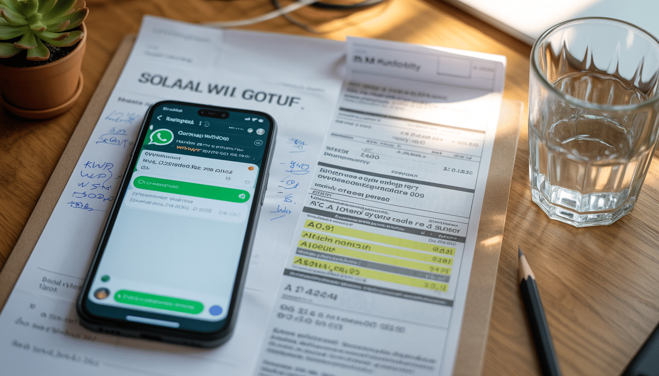 WhatsApp marketing for solar — mobile phone with chat interface beside solar quote document and energy bill on wooden desk